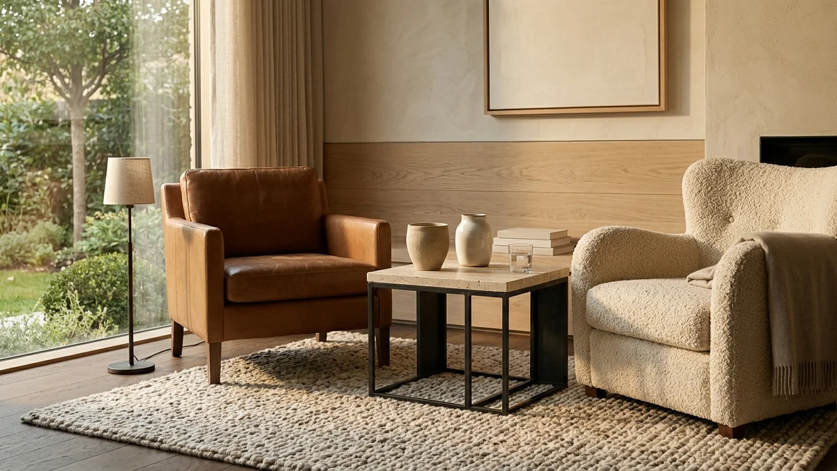 A living corner mixing materials and textures: pale oak, honed travertine, blackened steel, nubby boucle, smooth leather, and a chunky wool rug in one frame