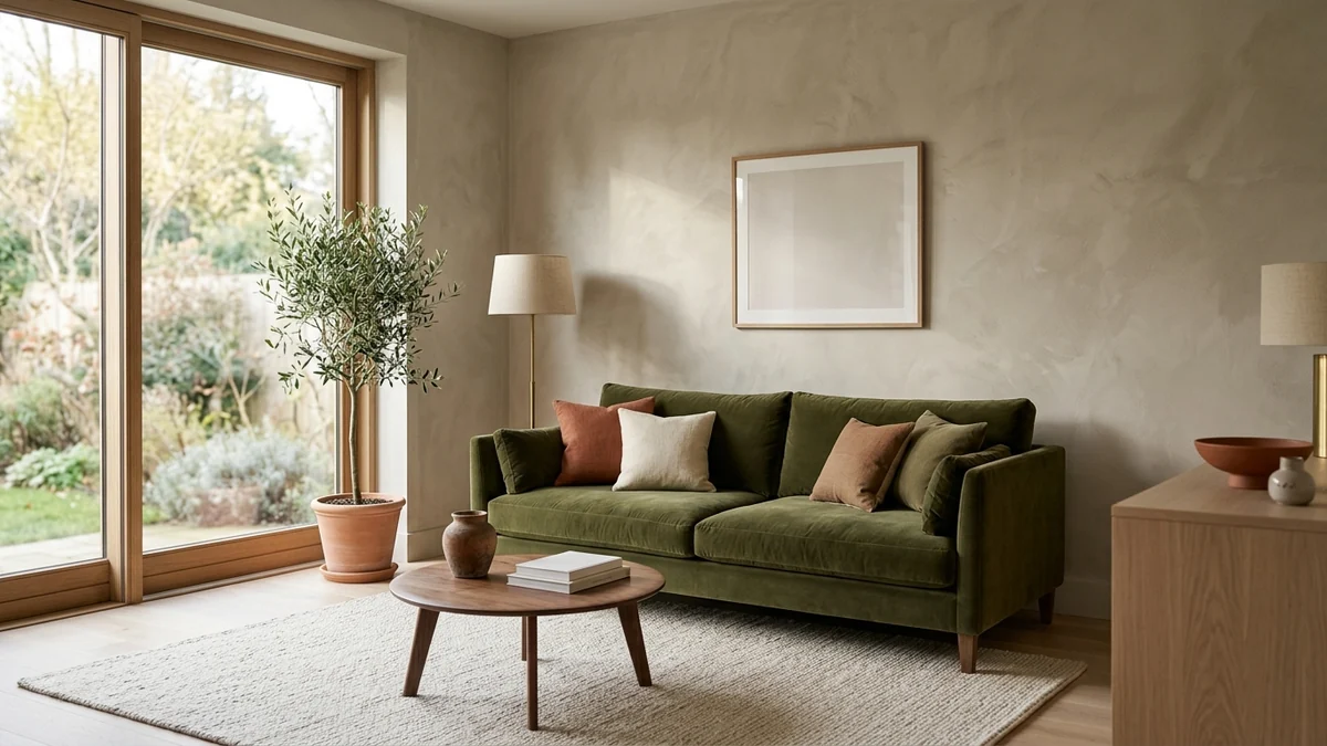 A color-balanced living room built on a 60-30-10 palette: warm greige walls, a deep olive sofa, and terracotta and brass accents