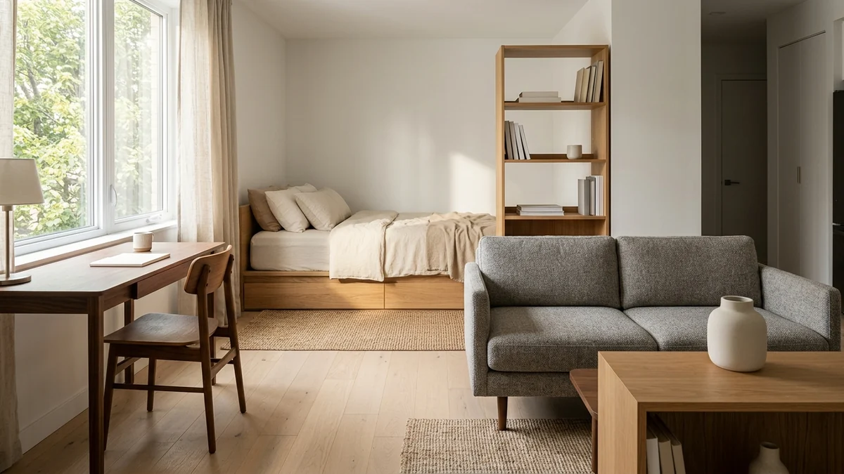 A small studio apartment zoned into sleeping, working, and living areas using only furniture placement, a low bed on a rug, a slim desk by the window, and a sofa acting as a divider