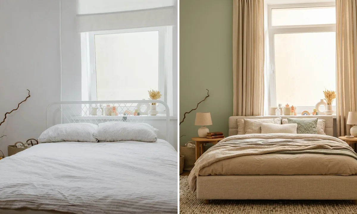 Interior designer AI before and after of a bedroom: a plain white bedroom with a metal bed frame on the left, redesigned with an upholstered linen bed, sage green accent wall, oak nightstands, and warm drapery on the right