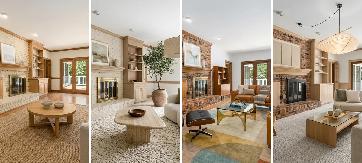 The same living room shown by an interior designer in four AI-generated styles: warm minimalist, modern organic, mid-century modern, and Japandi, for a client to choose from