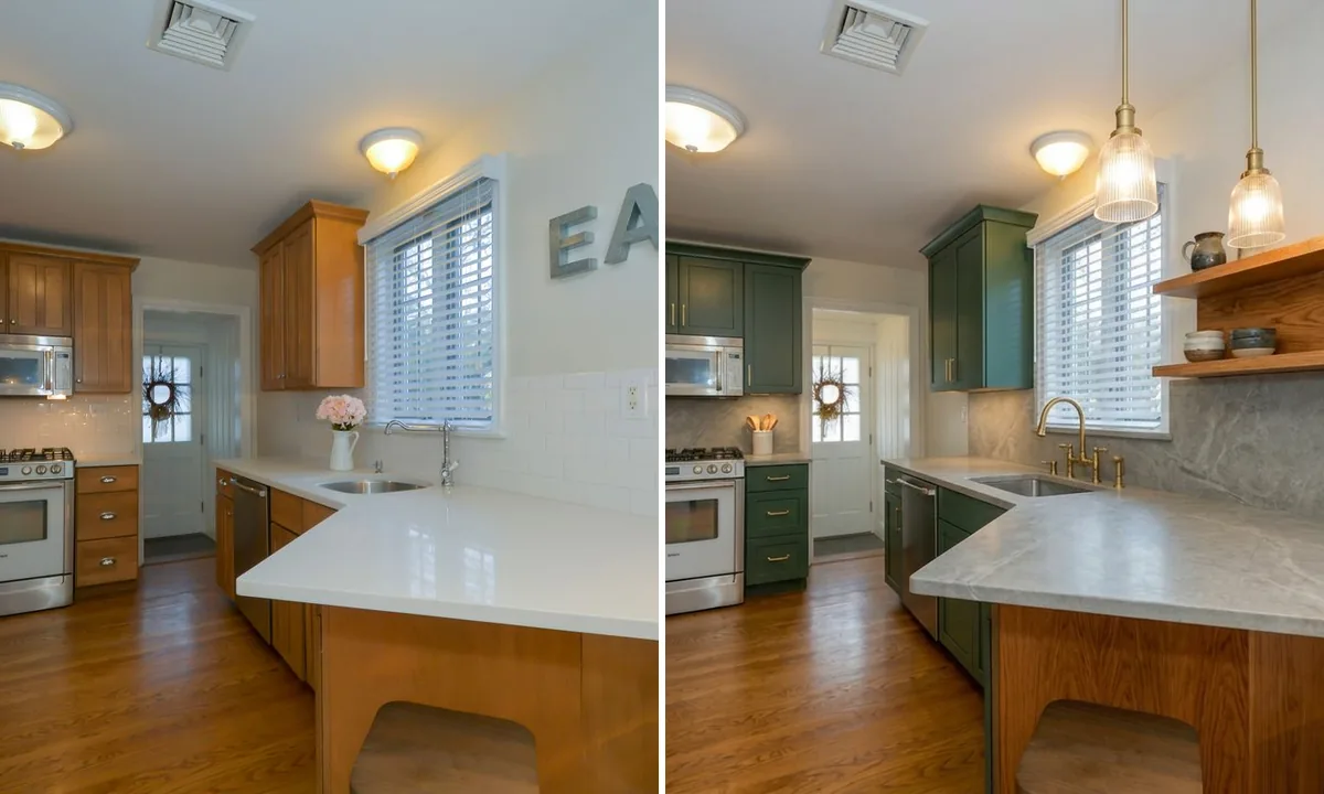 Interior designer AI kitchen before and after: dated orange oak cabinets and laminate counters on the left, redesigned with deep green shaker cabinets, oak shelving, stone backsplash, and brass fixtures on the right