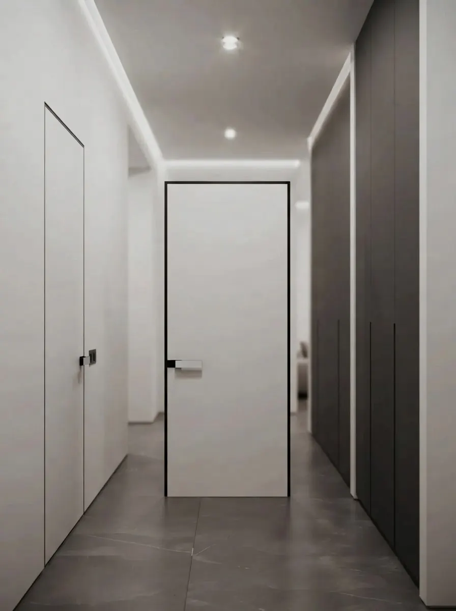 Minimal white hallway render with a flush white door set in a thin black frame flush with the wall, and a dark wardrobe wall on the right
