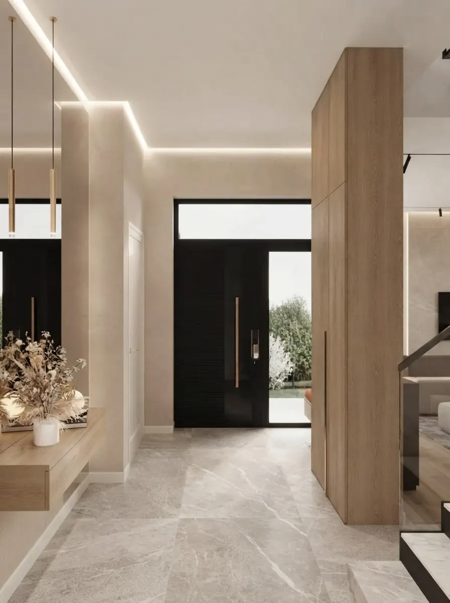 Entry hall render with a tall black front door, a glass sidelite to its right and a glass transom above, framed by a wood wall and pale plaster