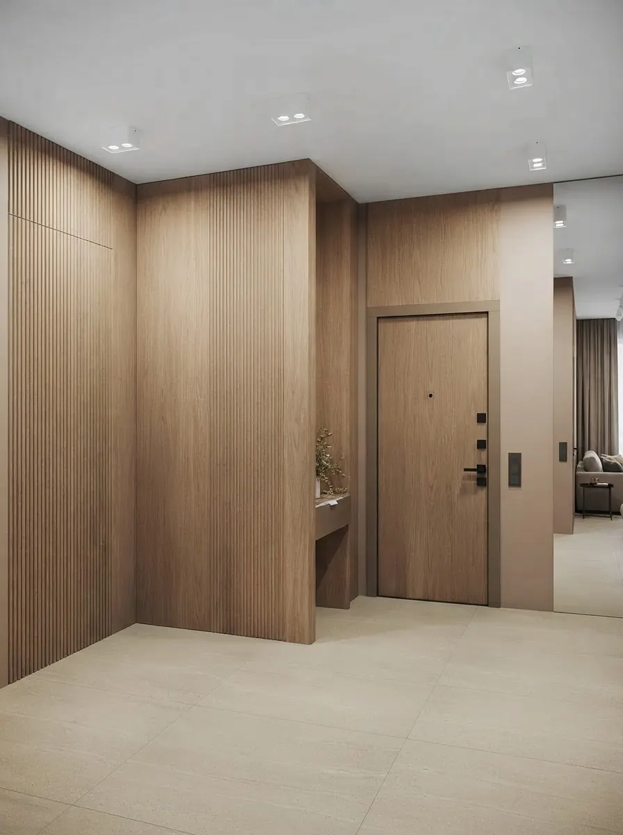 Apartment entry corridor render with a flush wood-grain front door with a black smart lock in a gray steel frame, fluted wood paneling on the left