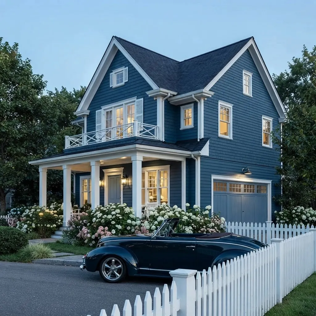 Navy blue two story colonial house render with a white porch, a white picket fence, hydrangeas and a matching navy single garage door on the right