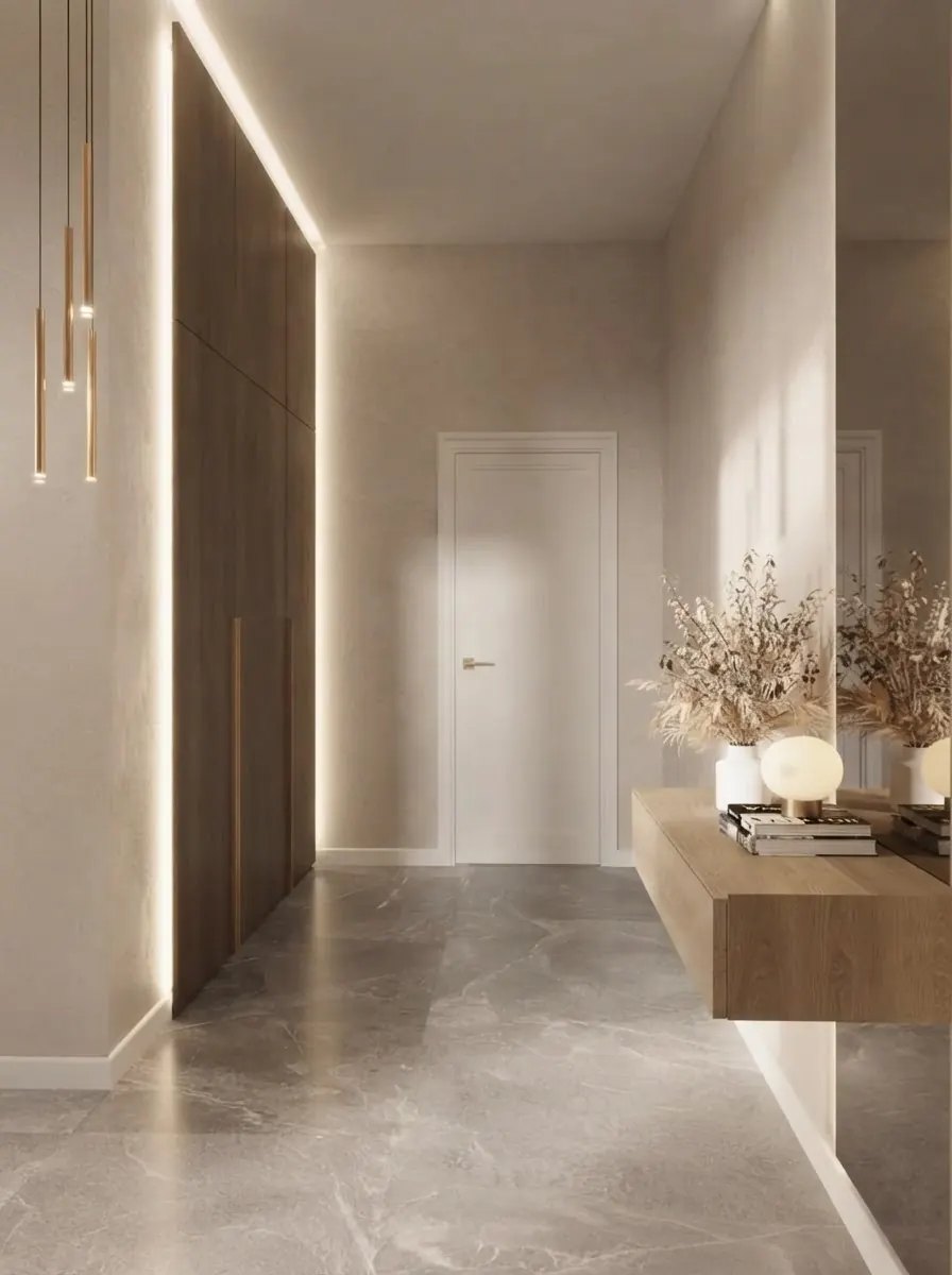 Hallway render with a plain white flush interior door in a white casing, a wood wall with a vertical light strip on the left and a low console with dried flowers on the right