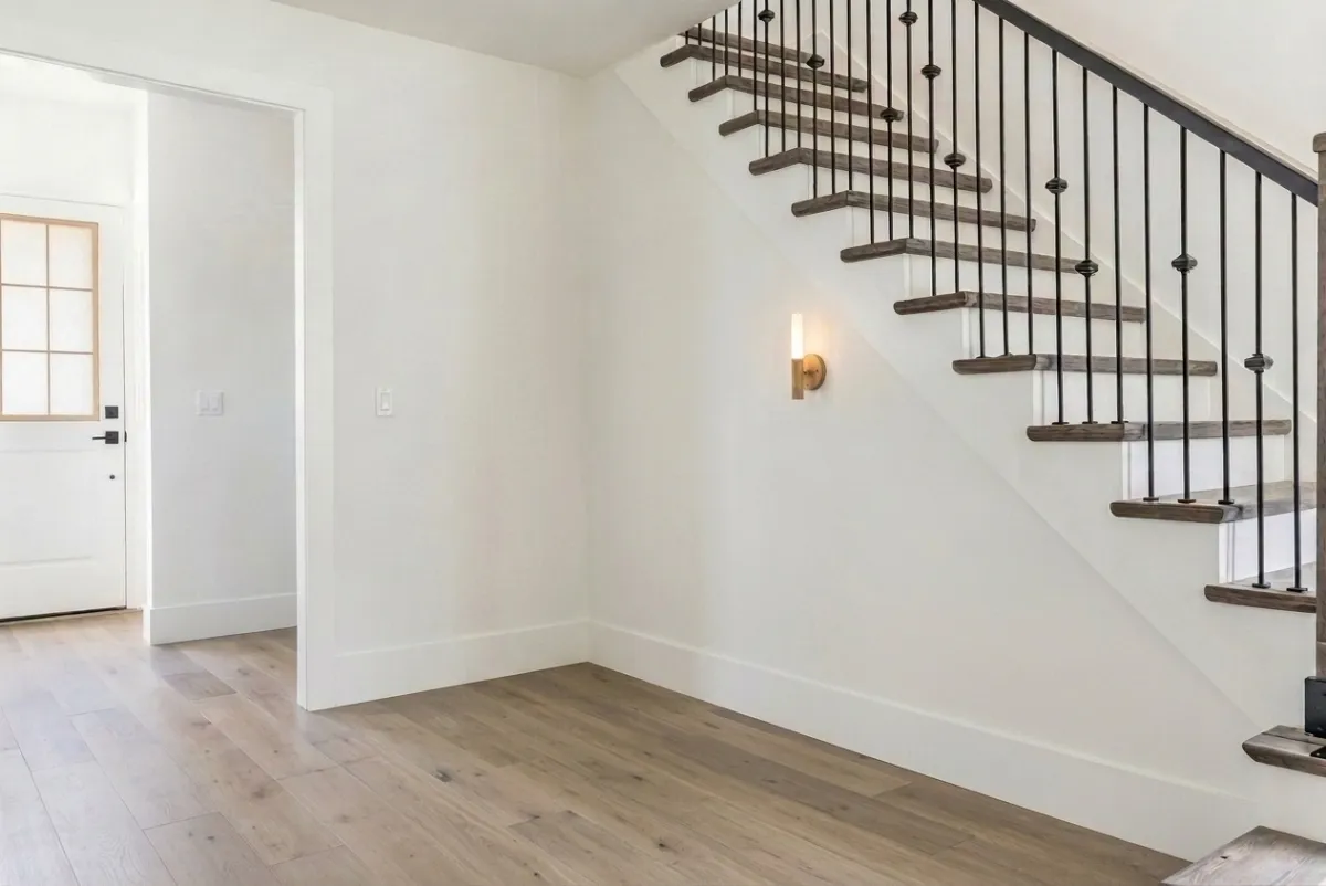 Empty entryway with staircase, hardwood floors, and wall sconce showing blank canvas ready for design