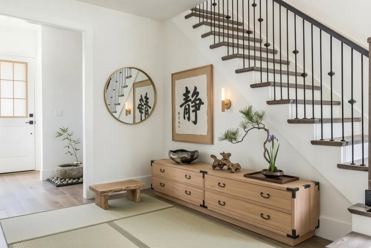Japanese zen entryway with tansu storage chest, ikebana flower arrangements, bonsai, calligraphy art under staircase