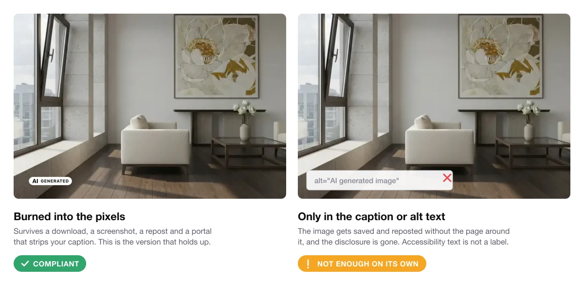 The same AI generated living room twice: on the left the official EU AI GENERATED label burned into the pixels, marked compliant, on the right the same image with the disclosure only in the alt text, marked not enough on its own