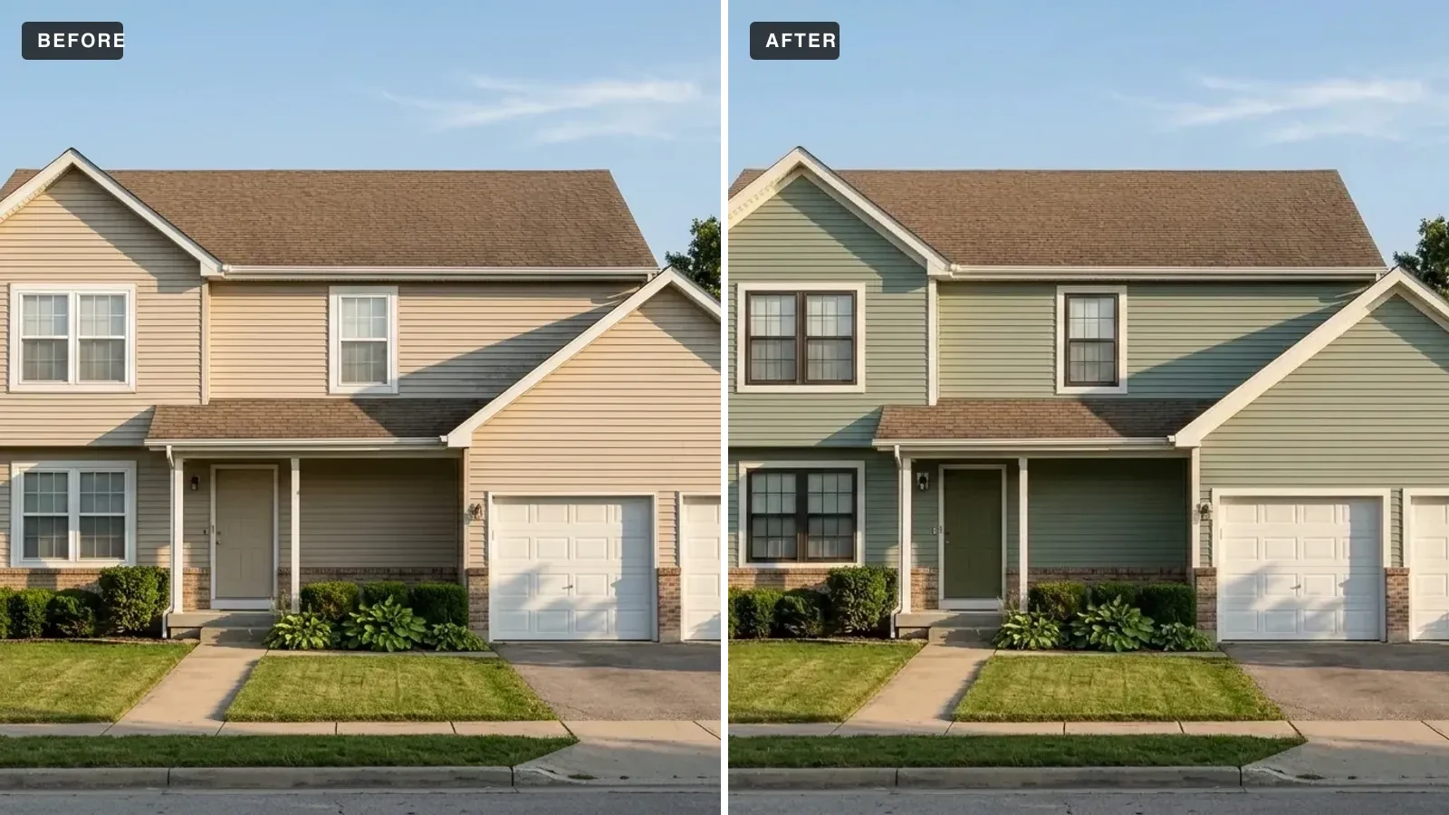 Before and after of the same suburban house, dated beige vinyl siding on the left and 2026 sage green exterior color on the right, previewed with AI