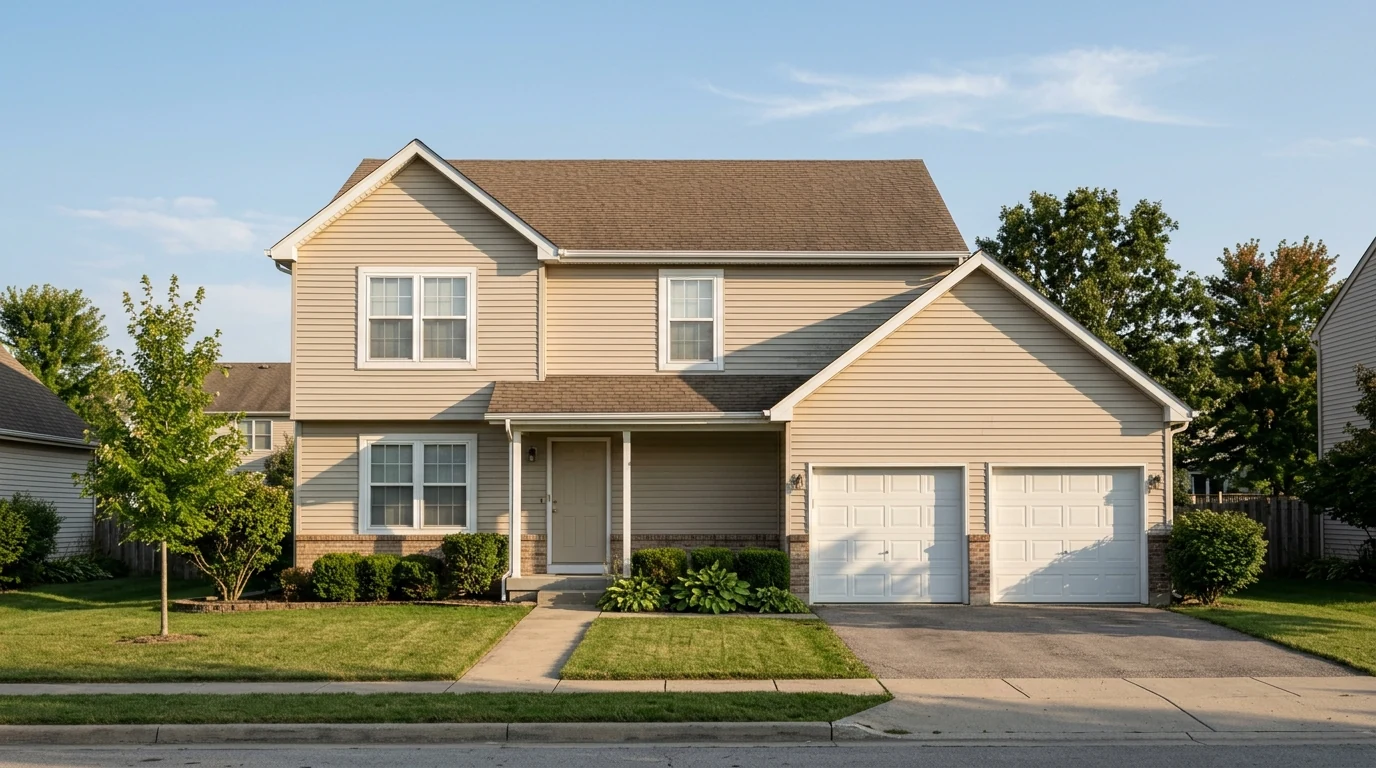 Typical American two-story suburban house with dated beige vinyl siding and white trim before an exterior color update