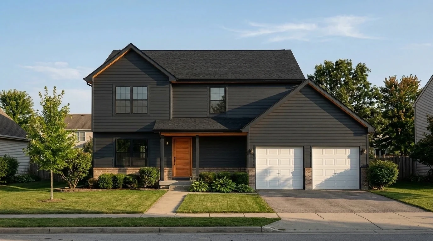 Dark charcoal near-black house exterior with warm cedar wood front door and black windows, moody dark siding trend 2026