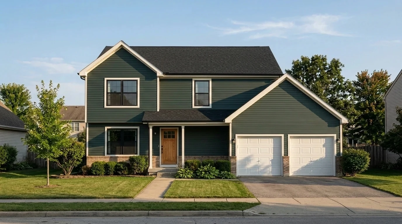 Deep forest green house exterior with warm white trim, black window frames and oak front door, dark green siding trend 2026