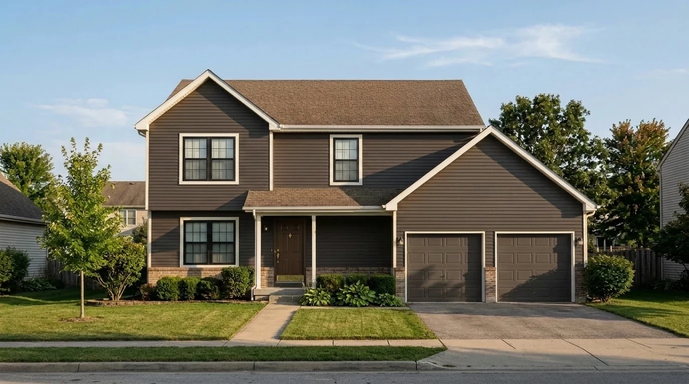 Rich espresso dark brown house siding with ivory trim and bronze front door, Benjamin Moore Silhouette style exterior 2026