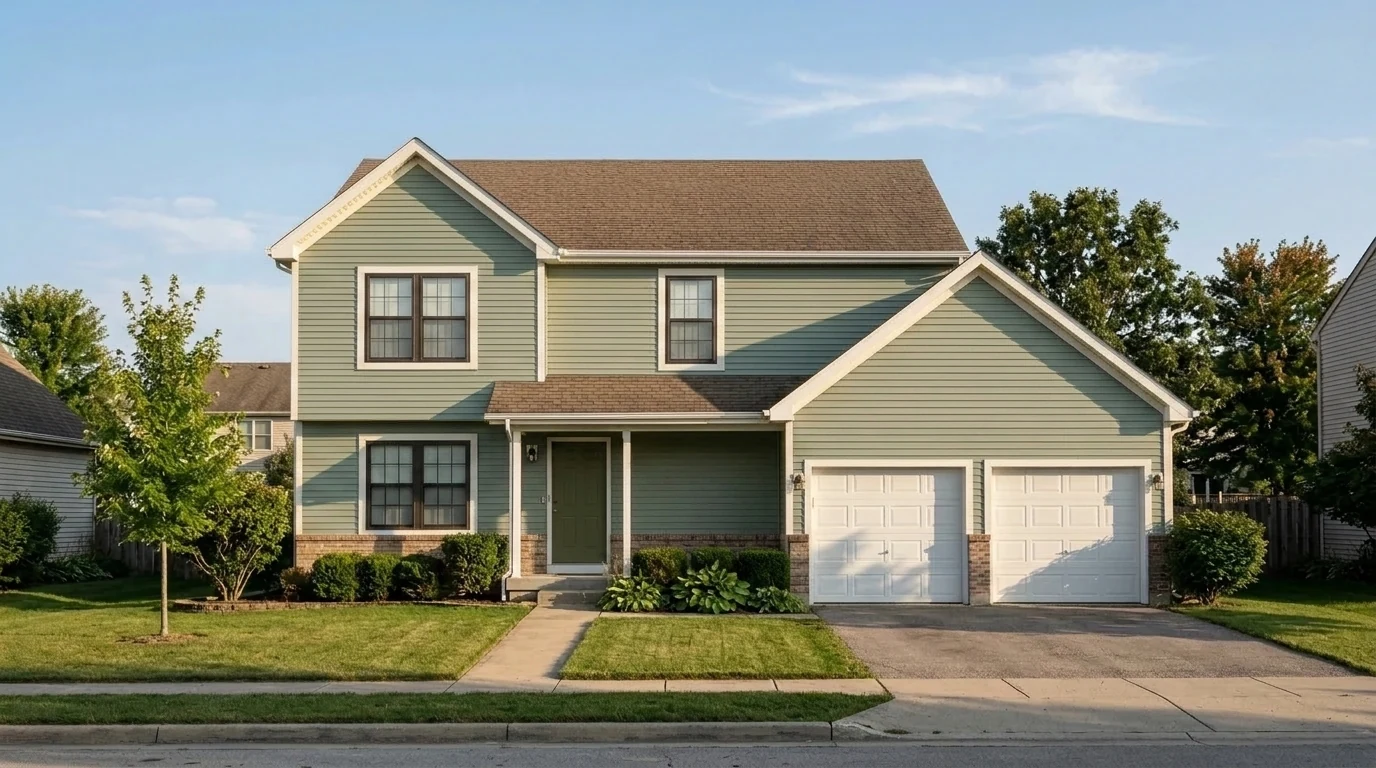 Suburban house repainted in muted sage green siding with off-white trim and an olive front door, sage green house exterior trend 2026