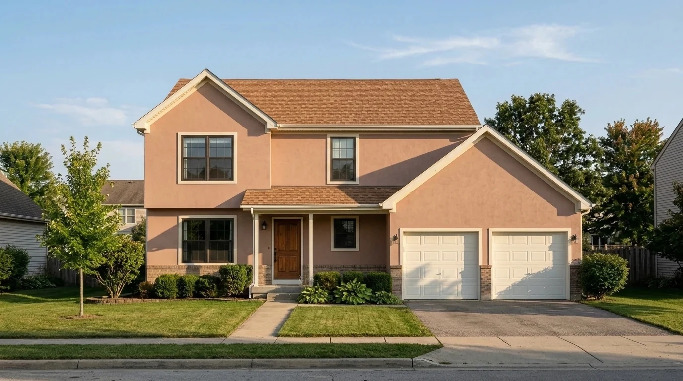 Suburban house in soft sun-baked terracotta clay stucco color with cream trim and walnut door, warm earthy exterior color trend 2026