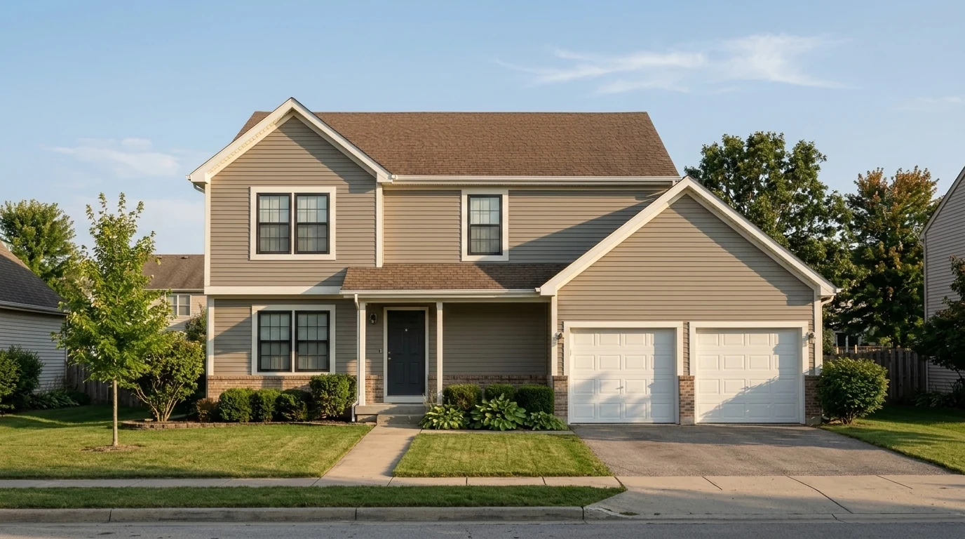 House exterior in warm greige khaki siding with creamy white trim and black window sashes, Universal Khaki style exterior color 2026