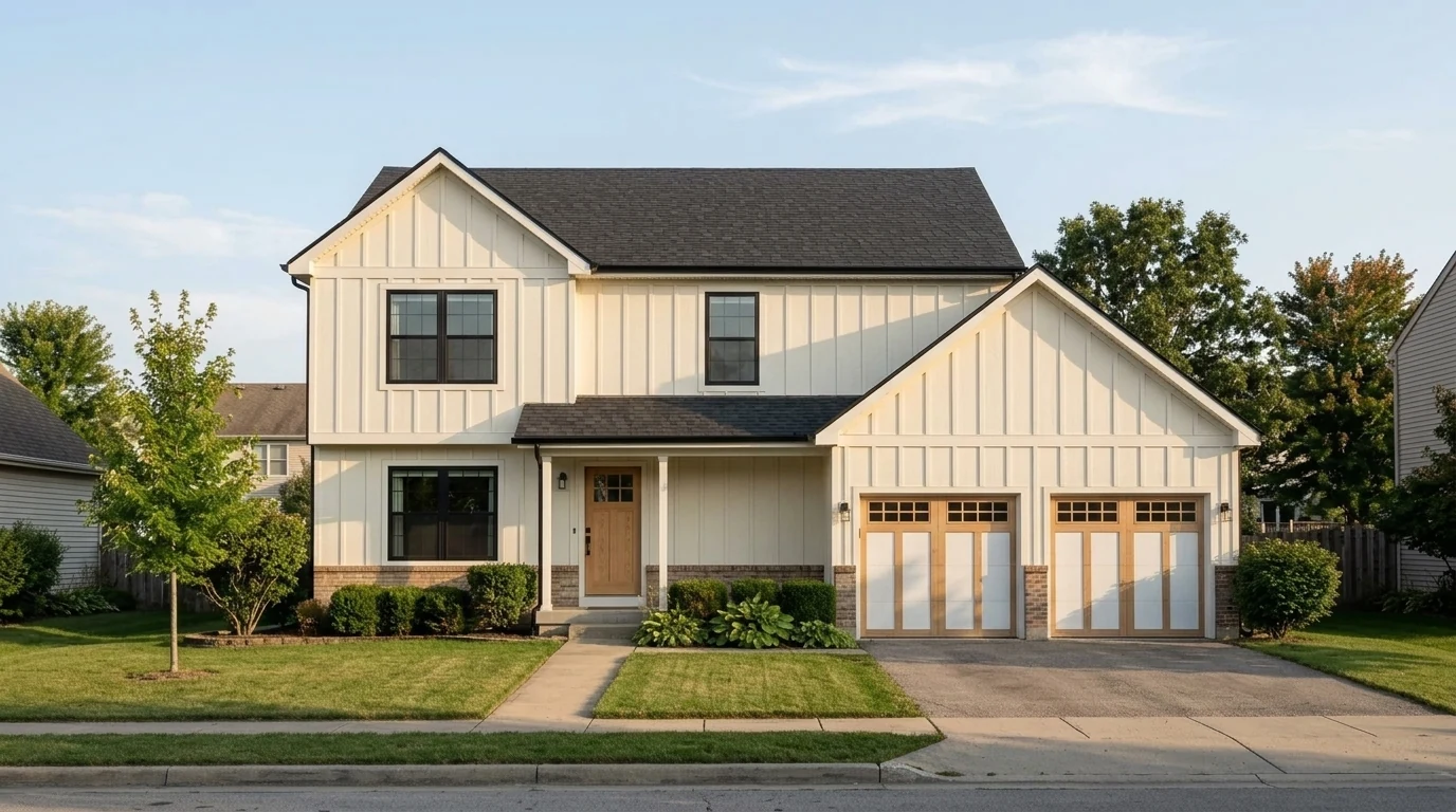 Two-story house with creamy warm white board and batten siding, black window frames and a white oak front door, modern farmhouse exterior colors 2026