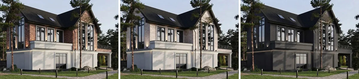 A contemporary house with red brick gables and tall glazing shown three times: the original red brick, the same brick limewashed to a soft warm white with the mortar lines still reading through, and the same brick in solid charcoal masonry paint
