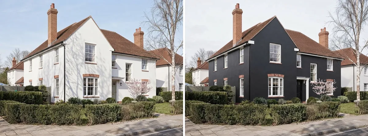 A white-rendered English cottage with a clay tile roof and brick chimneys shown twice side by side, the original on the left and the same house repainted deep charcoal with white trim on the right, with the roof, chimneys, blossom tree and hedge identical in both
