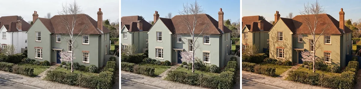 The same sage green rendered cottage with cream trim and a navy door shown three times under flat overcast light, clear midday sun and warm golden hour light, with the green holding cool grey-green in the first two and swinging warm towards olive in the third