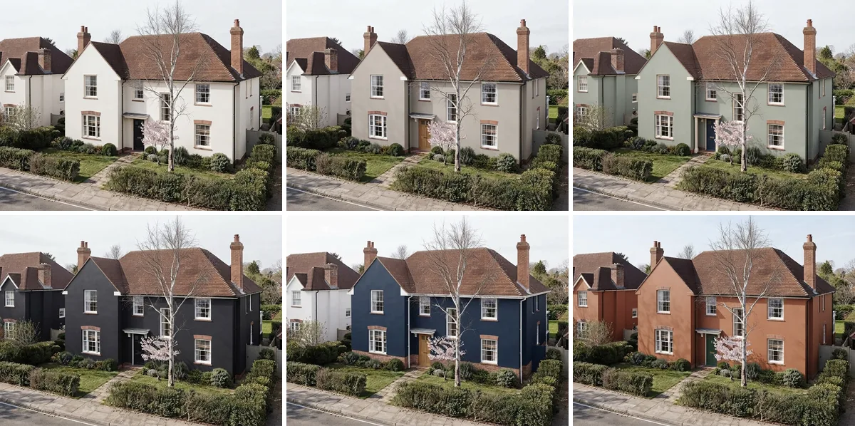 A grid of six panels showing the identical white-rendered English cottage with a clay tile roof and brick chimneys, painted warm white, warm greige, sage green, charcoal, navy blue and terracotta, with the roof, chimneys, birch tree, hedge and pavement matching in every panel