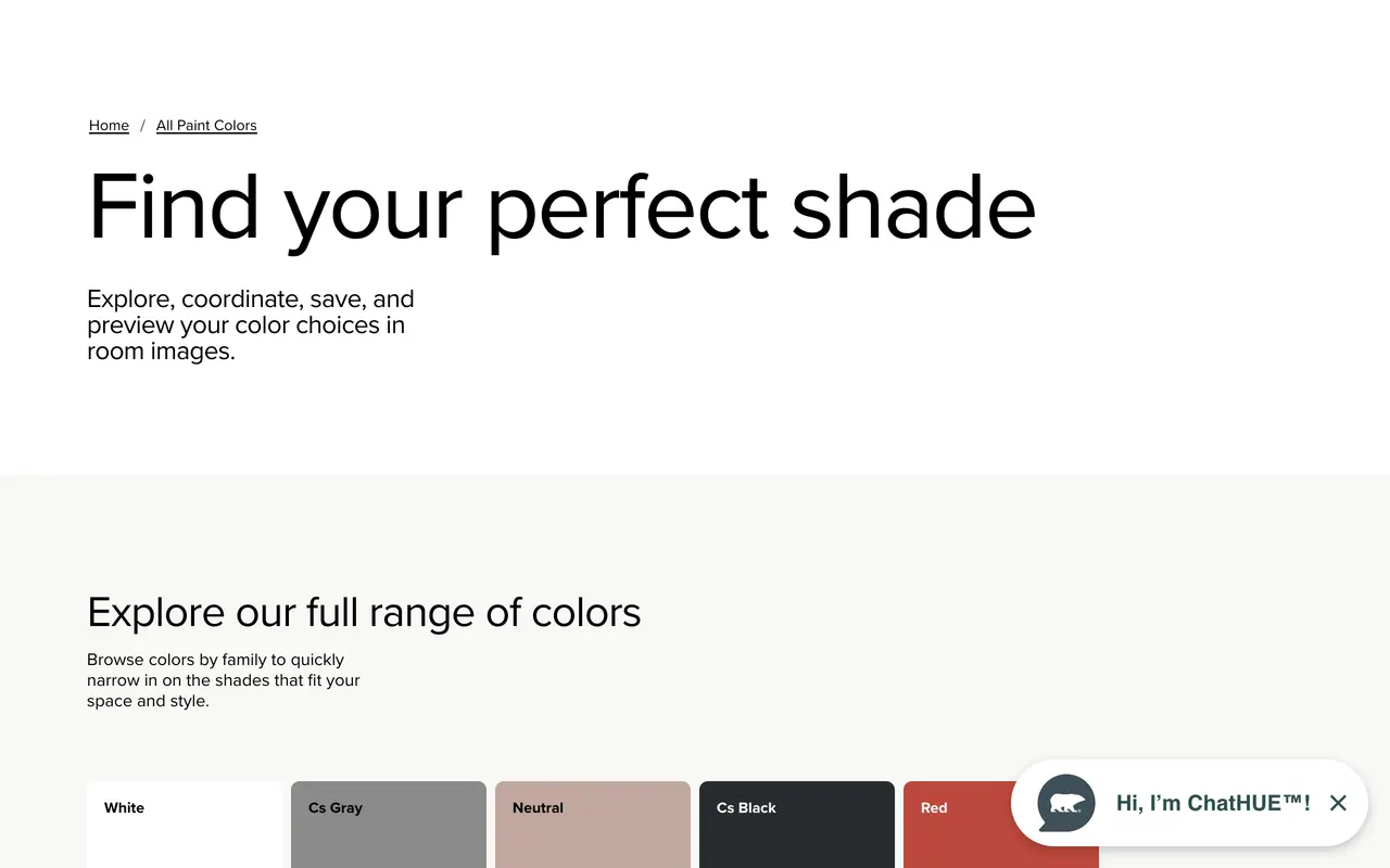The Behr colour site showing a Find your perfect shade heading above a row of colour family swatches for white, grey, neutral, black and red