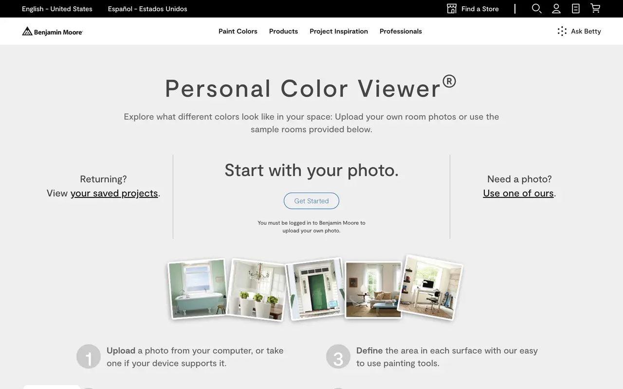 The Benjamin Moore Personal Color Viewer page with a Start with your photo panel, a Get Started button and a strip of sample room thumbnails