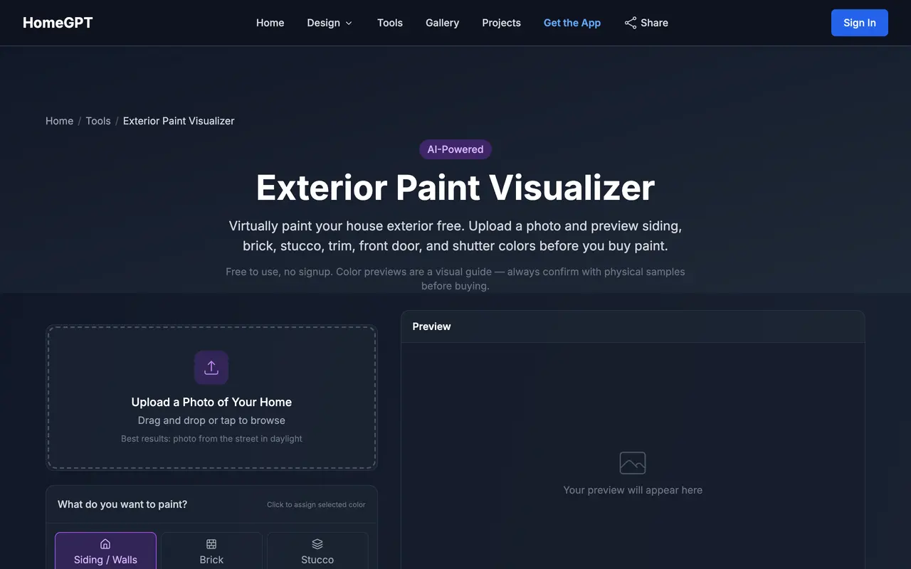 The HomeGPT Exterior Paint Visualizer page with an upload box reading Upload a Photo of Your Home and surface tabs for siding, brick and stucco