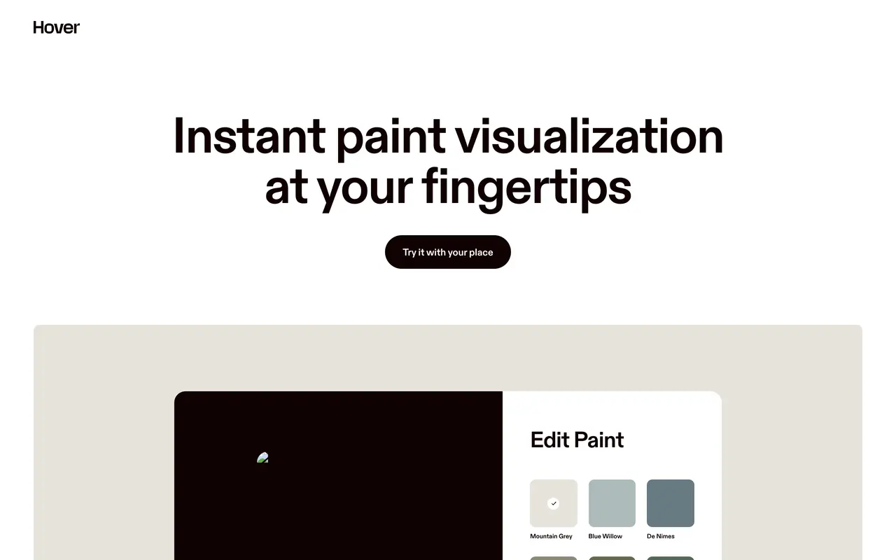 The Hover paint visualizer page headlined Instant paint visualization at your fingertips, with an Edit Paint panel showing colour chips