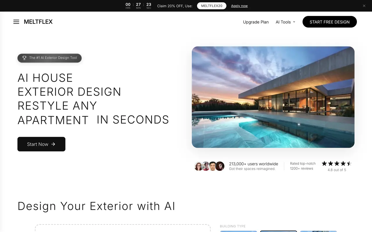 The MeltFlex exterior design page, with an AI house exterior design headline over a modern villa render and a Start Now button