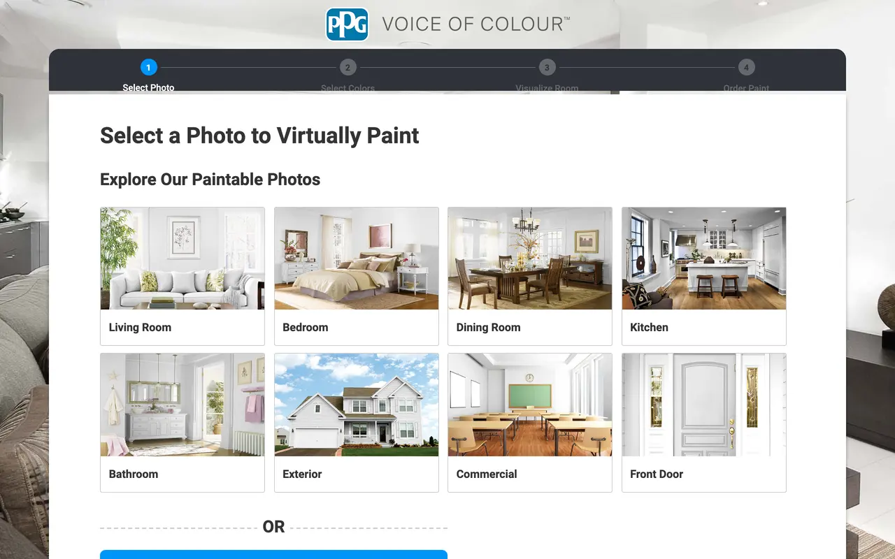 The PPG Voice of Colour visualizer showing a Select a Photo to Virtually Paint step with thumbnails for living room, bedroom, dining room, kitchen, bathroom, exterior, commercial and front door