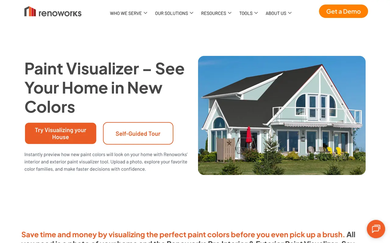 The Renoworks paint visualizer page headlined See Your Home in New Colors, with a photo of a blue-grey house and Try Visualizing your House and Self-Guided Tour buttons