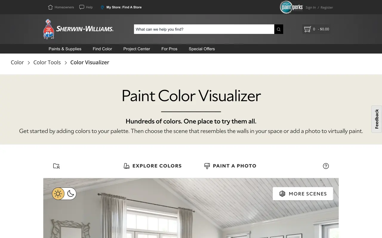The Sherwin-Williams Paint Color Visualizer page showing a sample interior scene with Explore Colors and Paint a Photo tabs above it