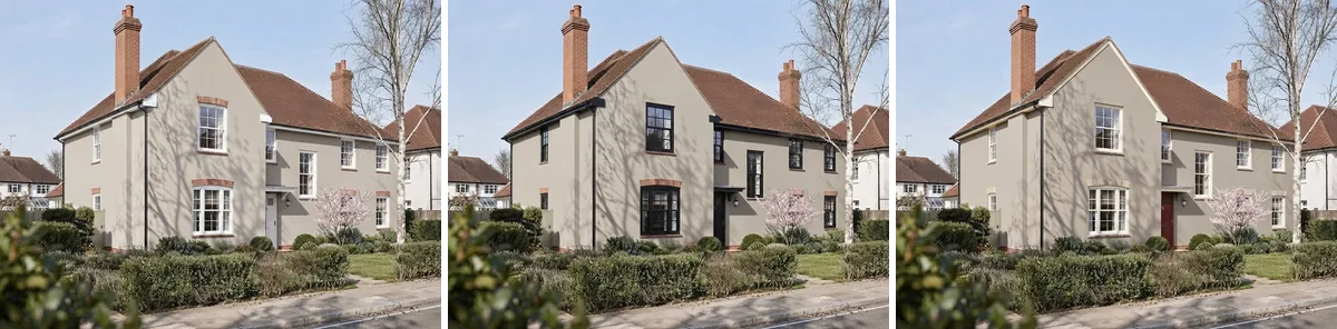 The same greige lap-siding house shown three times with identical body colour but different trim and door: white trim with a white door, black window frames and porch posts with a black door, and cream trim with a deep oxblood red door