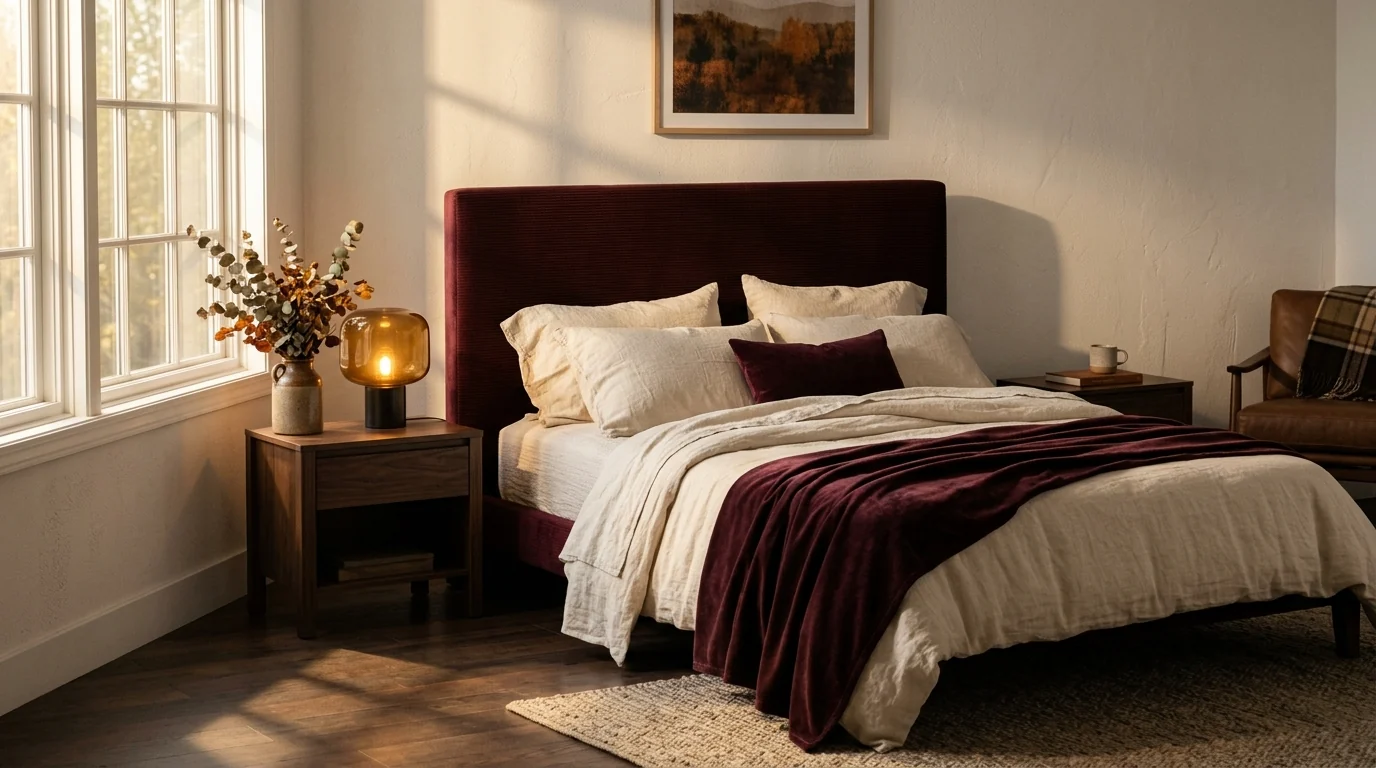 Fall 2026 bedroom with a deep burgundy upholstered headboard, wine velvet throw, cream linen bedding, walnut nightstands and a single glowing amber lamp