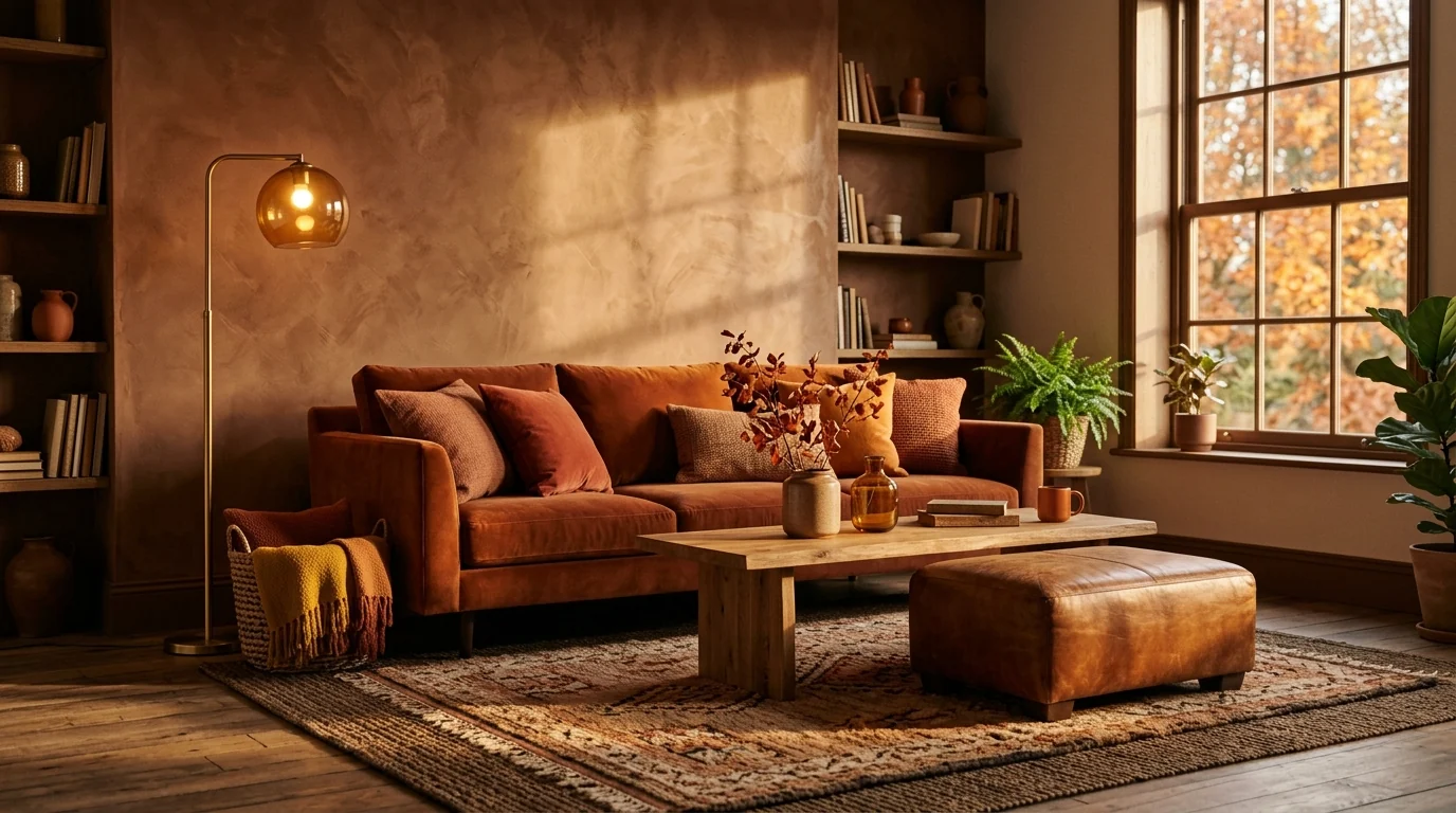 Fall 2026 living room built around burnt umber: a rust velvet sofa, terracotta cushions, caramel leather ottoman, brass floor lamp and a layered wool rug in warm afternoon light