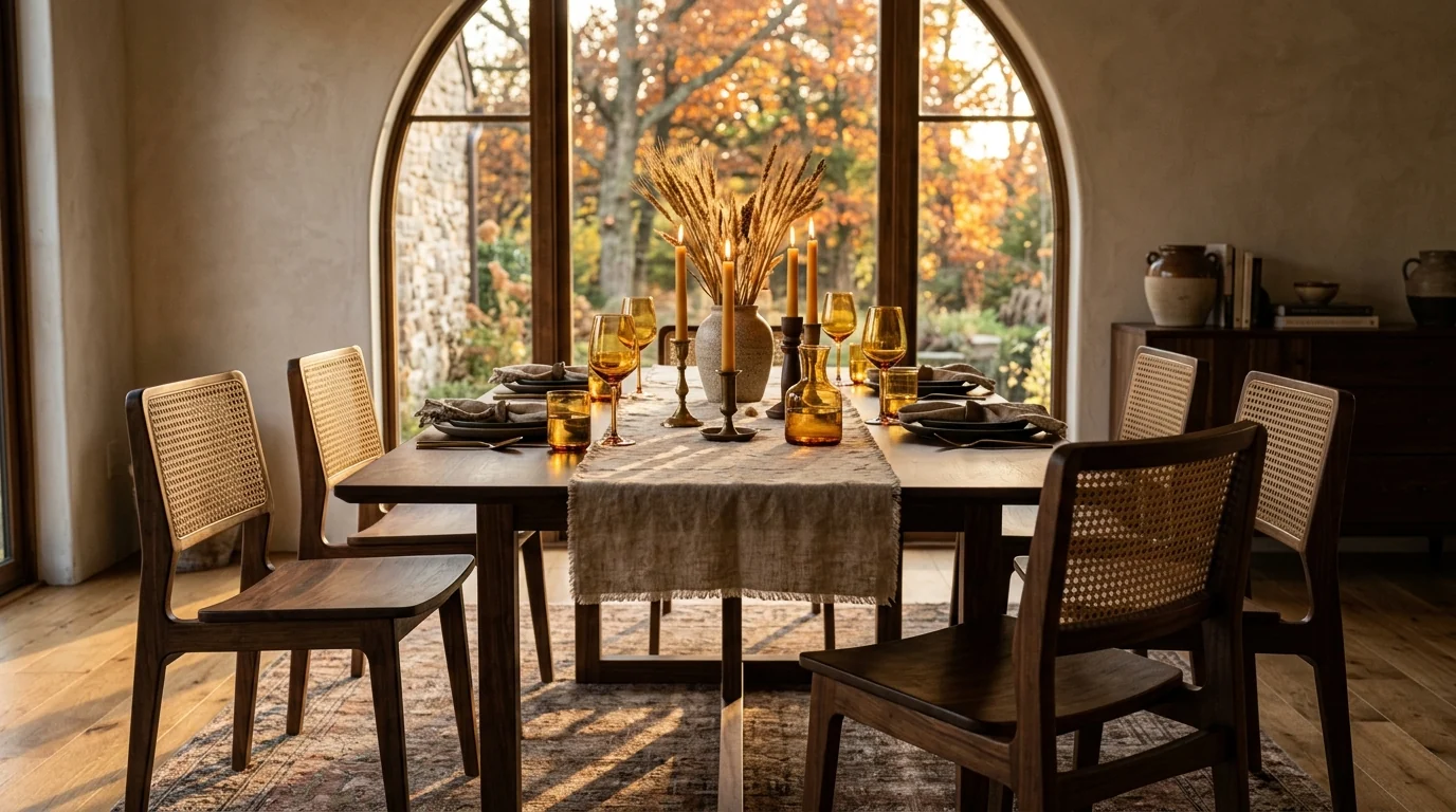 Fall 2026 dining room with a solid walnut table, cane-and-wood chairs, amber glassware, taper candles, dried wheat and a linen runner under a large arched window