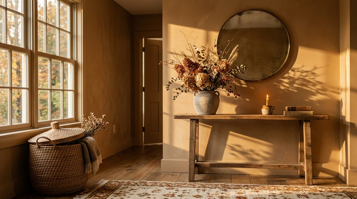 Fall 2026 entryway with dried hydrangeas, seeded eucalyptus and branches in a stoneware urn on a console, a woven basket, antique brass mirror and wool runner against caramel walls