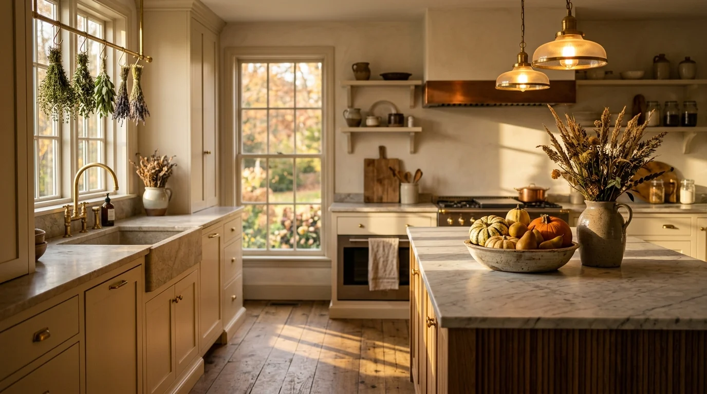 Fall 2026 kitchen with creamy cabinets, unlacquered brass hardware, a wooden bowl of heirloom squash and pears on a marble island, dried herbs and a stoneware jug of dried grasses