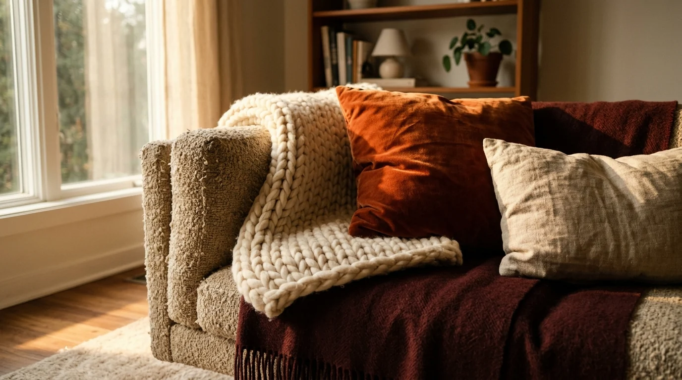 Close-up of layered autumn textiles on a sofa: chunky cream knit blanket, rust velvet cushion, burgundy wool throw and a bouclé armrest, side light grazing the weave