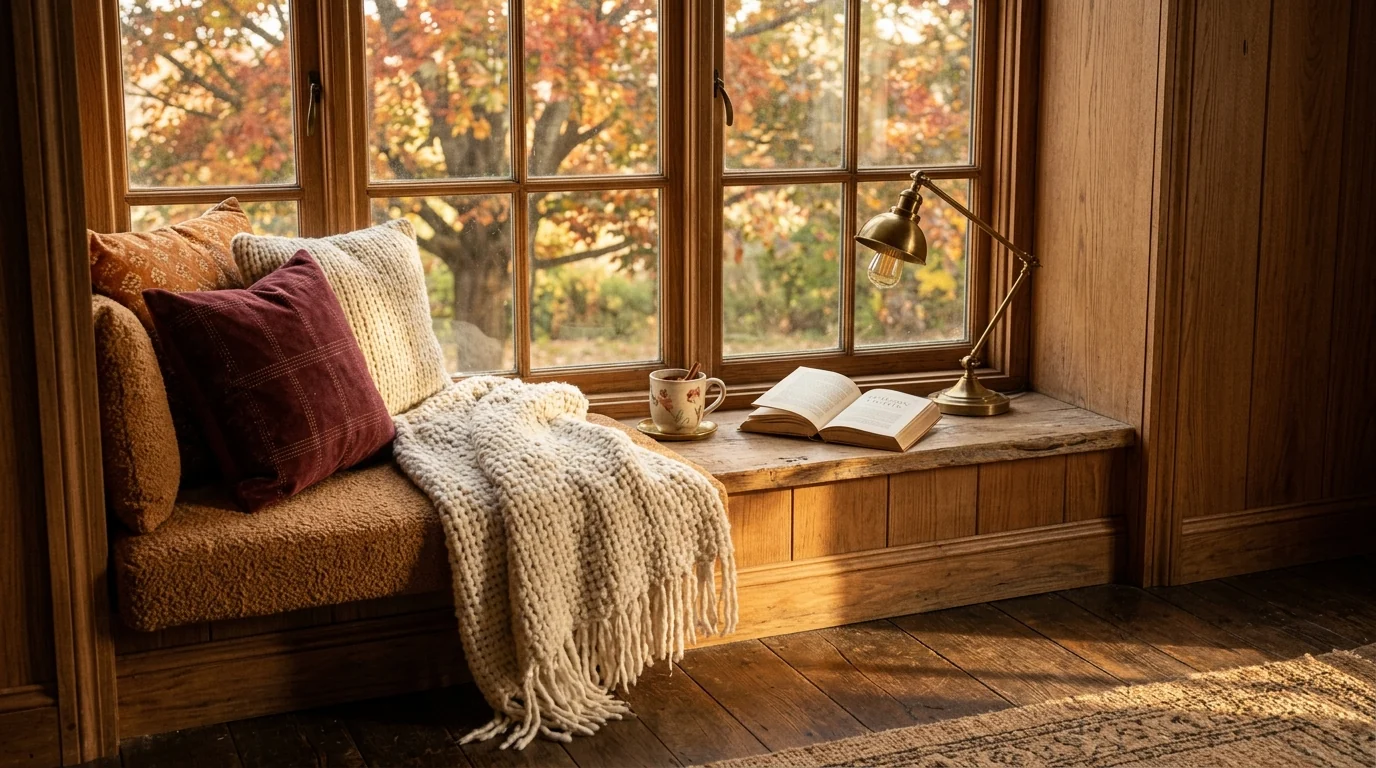 Fall 2026 window reading nook with a caramel bouclé bench cushion, layered burgundy and cream pillows, a chunky knit throw, a mug on the sill and a small brass lamp