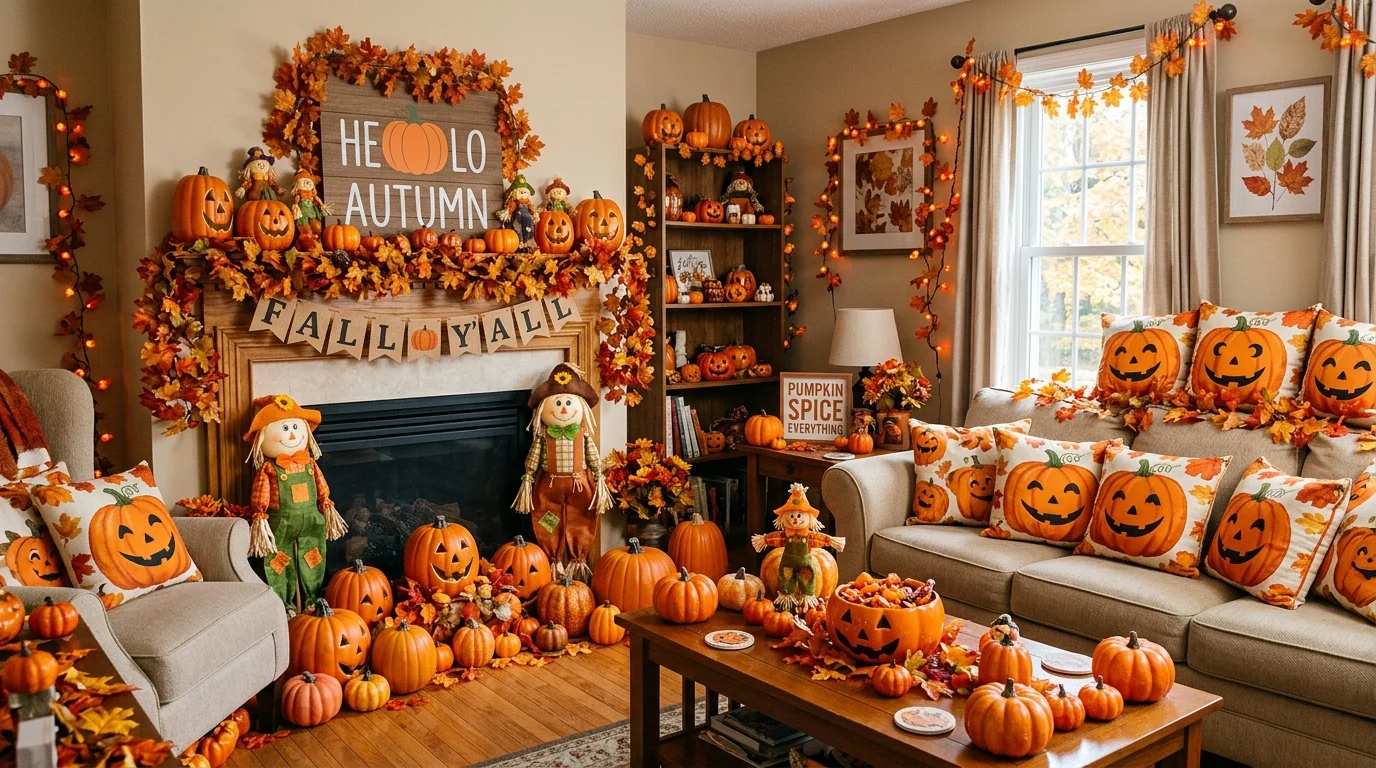 An over-decorated living room cluttered with orange faux pumpkins, a Hello Autumn word sign, fake fall-leaf garlands and matching pumpkin-print cushions, deliberately tacky and overdone