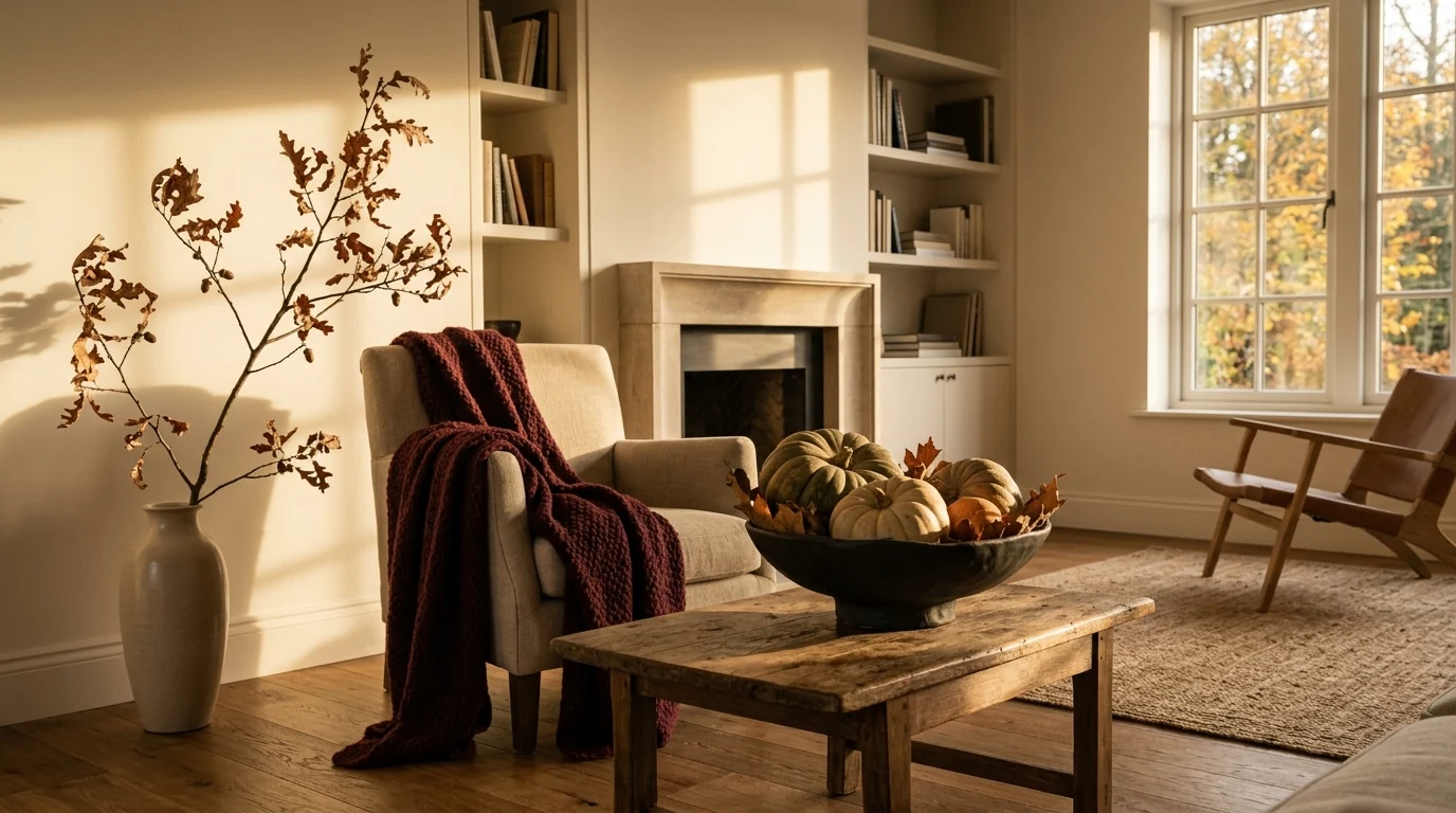The curated alternative: one sculptural bowl of real heirloom squash, a single dried-branch arrangement and a burgundy wool throw in a warm, uncluttered, editorial living room