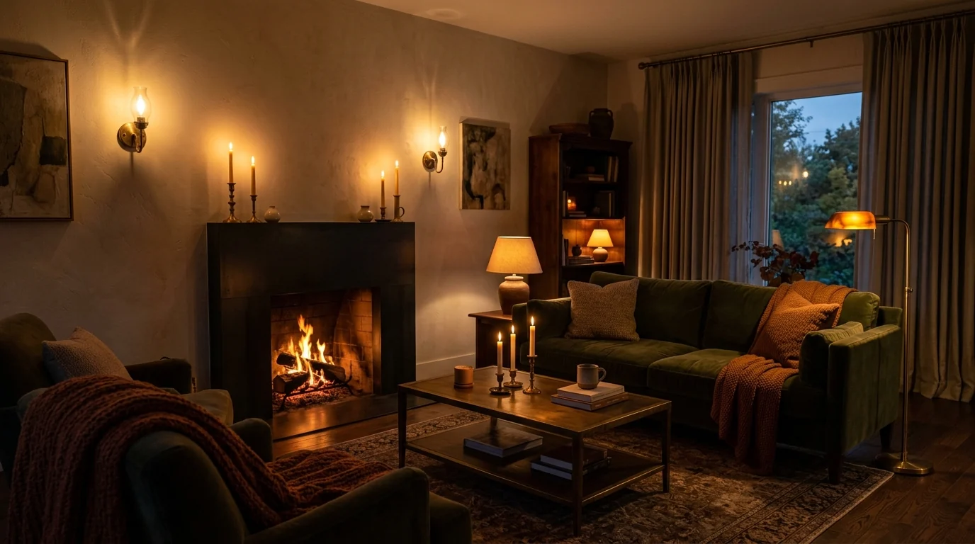 Fall 2026 living room at dusk lit only by warm lamps and candlelight, amber pools of light, a small fire, velvet sofa and brass sconces, moody cocooning atmosphere
