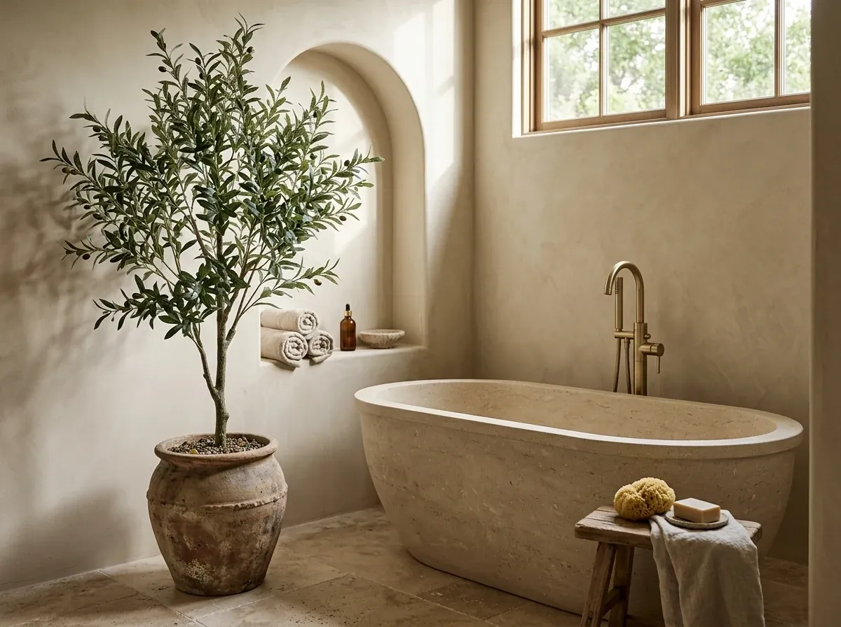 An artificial olive tree in a clay pot beside a freestanding stone bathtub in a spa-like Mediterranean bathroom with microcement walls and brass fixtures