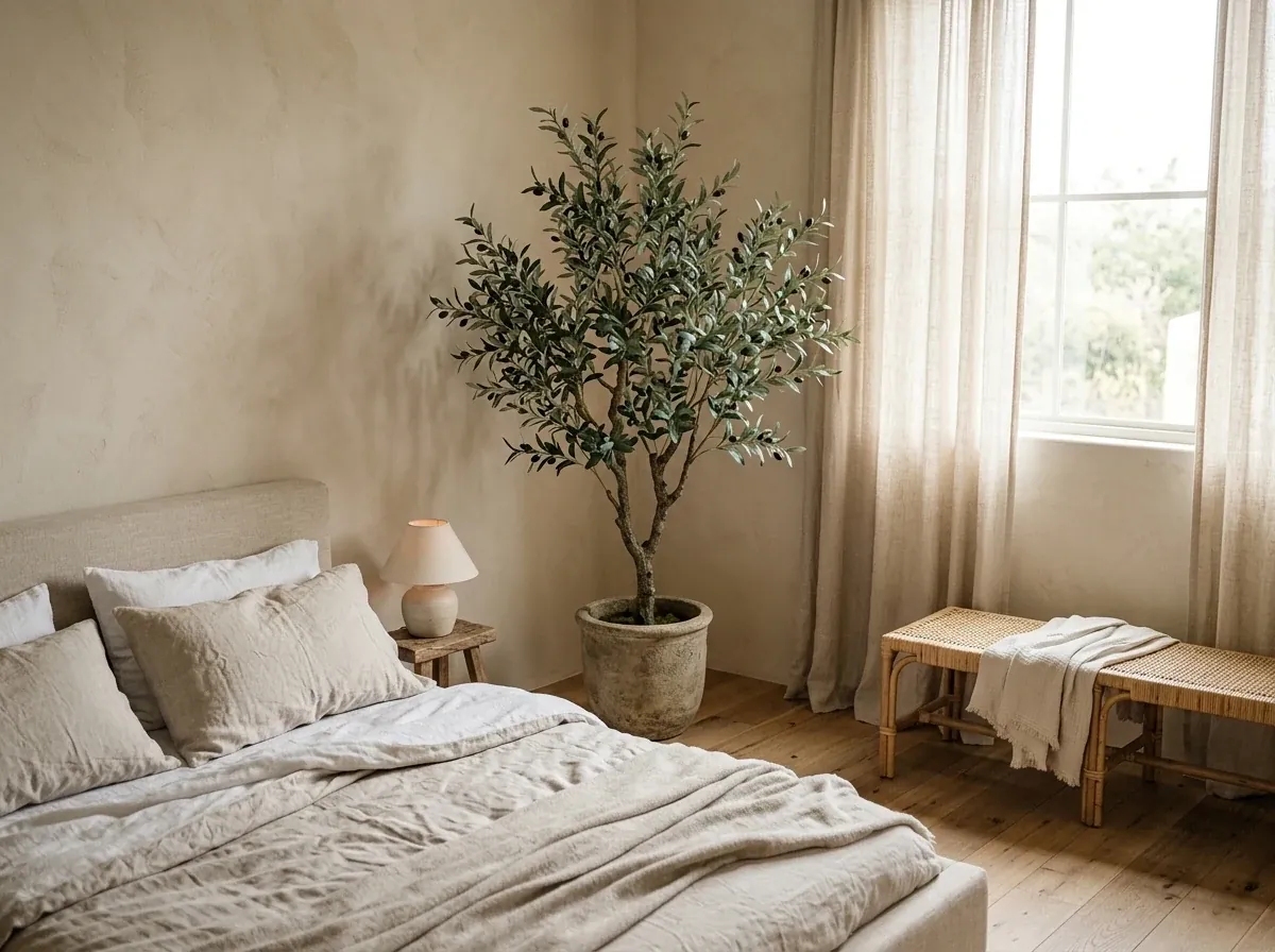 A faux olive tree in a stone pot in the corner of a serene Mediterranean-modern bedroom with a low linen bed and sheer curtains