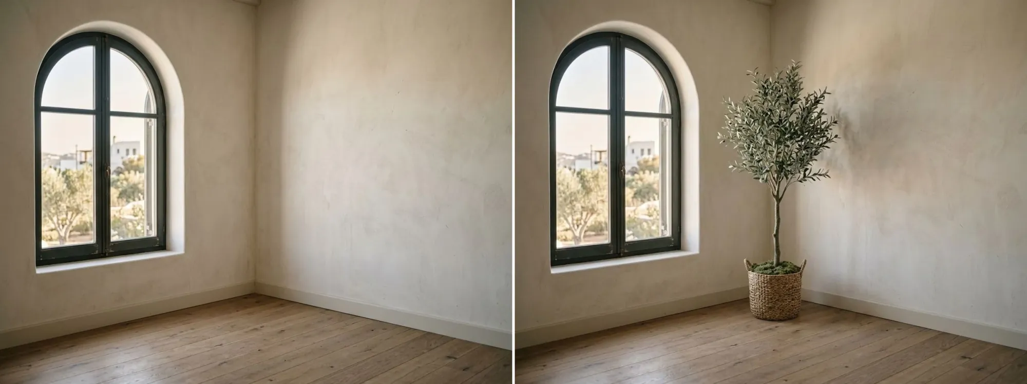 Before and after: the same empty Mediterranean room corner on the left, and on the right the identical corner with a faux olive tree in a basket planter added by MeltFlex AI
