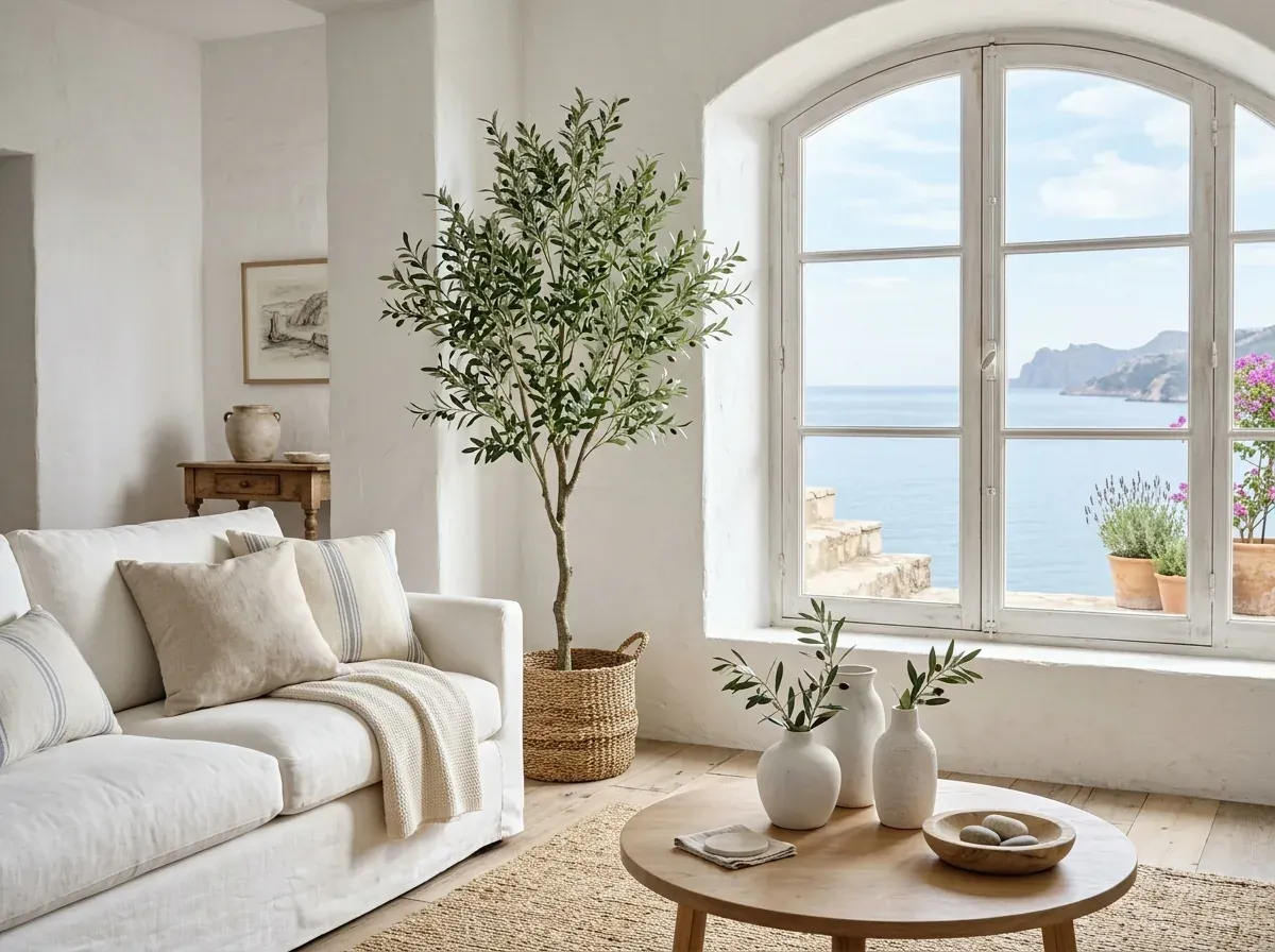 A faux olive tree in a woven basket in a bright, all-white coastal Mediterranean living room with a sea view through an arched window